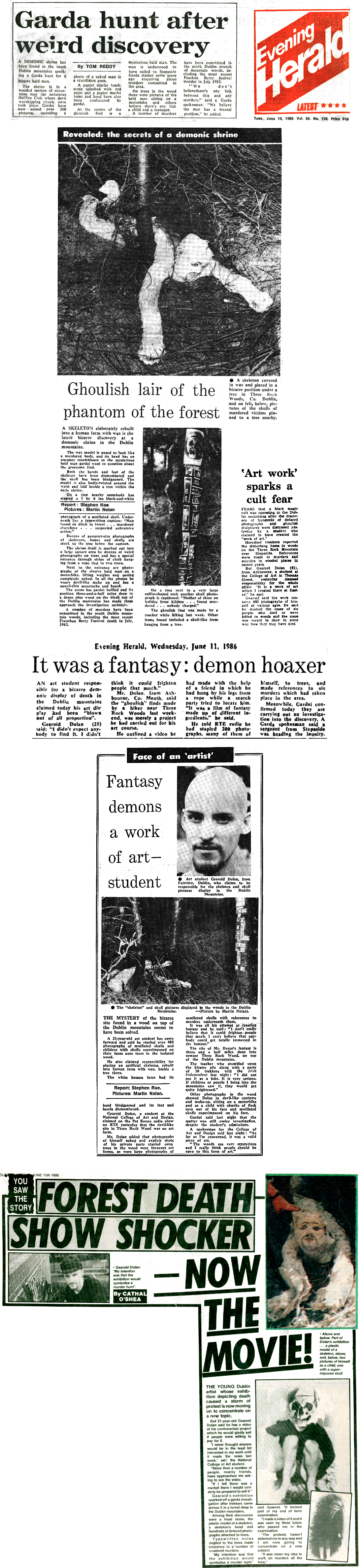 newspaper articles on artwork in woods